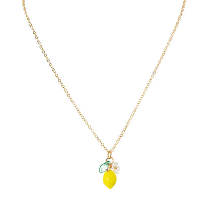Fashion Cute Yellow Fruit Lemon Little Flower Green Leaf Pendant Metal Chain Adjustable Necklace for Women Summer Jewelry Gifts