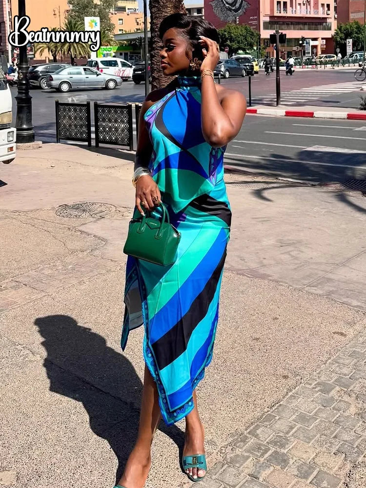 Irregular Satin Print Suit Women Halter Neck Lace Up Tank Top Midi Skirt 2 Pieces Set 2026 New Lady Summer Casual Vacation Wear