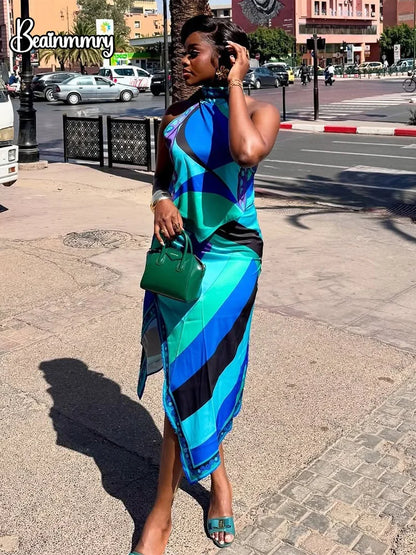 Irregular Satin Print Suit Women Halter Neck Lace Up Tank Top Midi Skirt 2 Pieces Set 2026 New Lady Summer Casual Vacation Wear