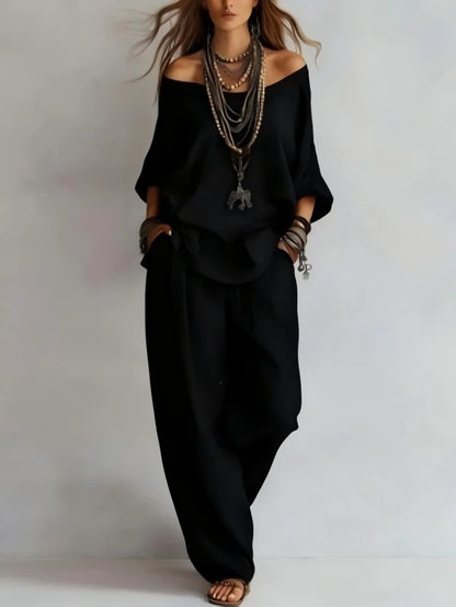 Women's 2 Piece Outfit Casual Loose Off Shoulder Long Sleeve Top & Wide Leg Pants Set Elegant Solid Color  Matching for Summer