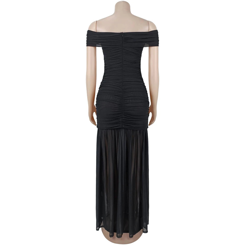 Dresses for Woman 2026 Elegant Sexy Off Shoulder Ruched Cinched Waist Evening Party Mesh Maxi Long Dress Slim Fit Fishtail Gown