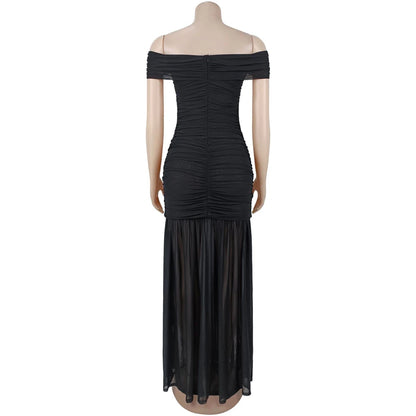 Dresses for Woman 2026 Elegant Sexy Off Shoulder Ruched Cinched Waist Evening Party Mesh Maxi Long Dress Slim Fit Fishtail Gown