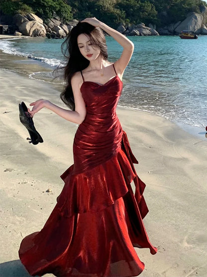 Elegant Ruffle Womens Dresses Sexy Spaghetti Strap Evening Birthday Party Dress Wedding Prom Vestidos Long Robe Female Clothing