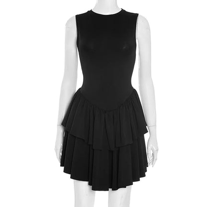 Women Mini Dress Women Elegant Sexy Solid Sleeveless Round Neck Nipped Waist Backless Evening Party Bubble Black Short Dresses
