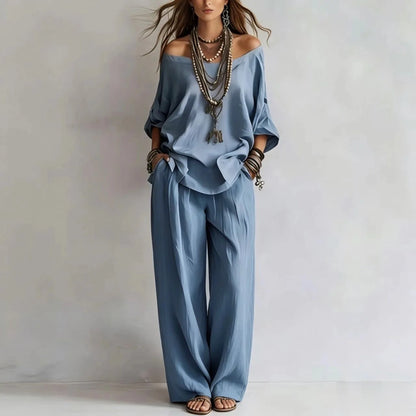 Women's 2 Piece Outfit Casual Loose Off Shoulder Long Sleeve Top & Wide Leg Pants Set Elegant Solid Color  Matching for Summer