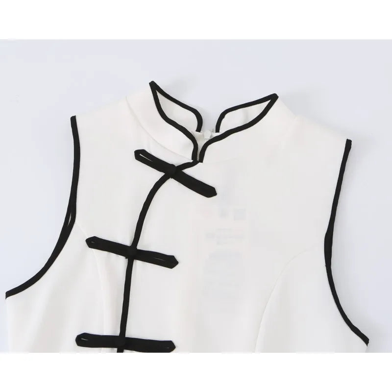 Women's Mini Dress Summer New Fashion Round Neck Sleeveless Rope Knot Contrast Dress Vintage Female Chic Dresses