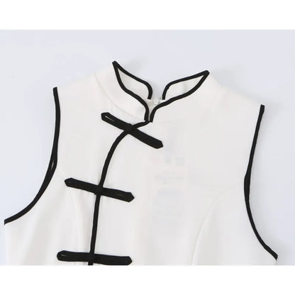 Women's Mini Dress Summer New Fashion Round Neck Sleeveless Rope Knot Contrast Dress Vintage Female Chic Dresses