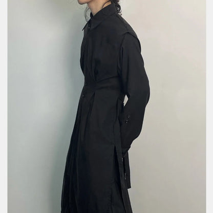 Y2K Gothic Trench Coat Men Dark Academia Streetwear Long Shirt Dress Asymmetric Hem Belted Punk Style Outerwear