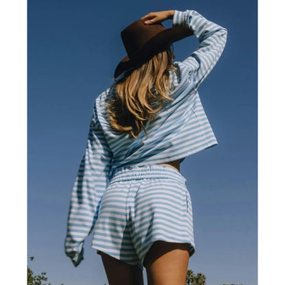 Ensemble 2 pièces rayé Y2K Combhasaki pour femme - Haut décontracté à manches longues et col rond + short de survêtement taille haute élastique à jambes larges