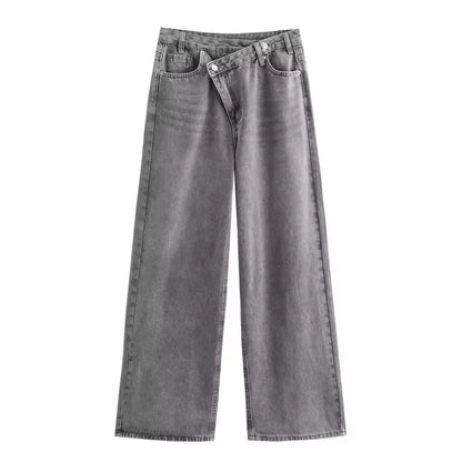 HH Jeans Évasés Taille Croisée Tendance pour Femmes Boutons Asymétriques Taille Haute Jean Baggy en Denim pour Tenues Streetwear et Y2K