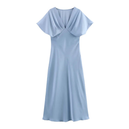 HH Women Elegant Solid Satin Dress Sexy V Neck Short Sleeve Midi Dress 2025 New Fashion Summer Lady Holidays Party Dress
