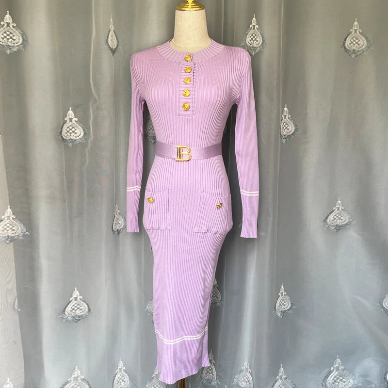 YuooMuoo 2026 Autumn Winter Women Knitted Dress Brand Fashion O-neck Buttons Bodycon Sweater Dress with Belt Lady Office Dress
