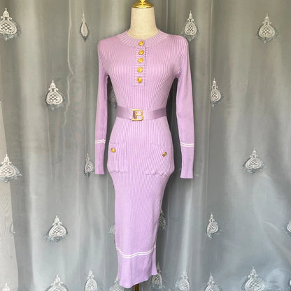 YuooMuoo 2026 Autumn Winter Women Knitted Dress Brand Fashion O-neck Buttons Bodycon Sweater Dress with Belt Lady Office Dress