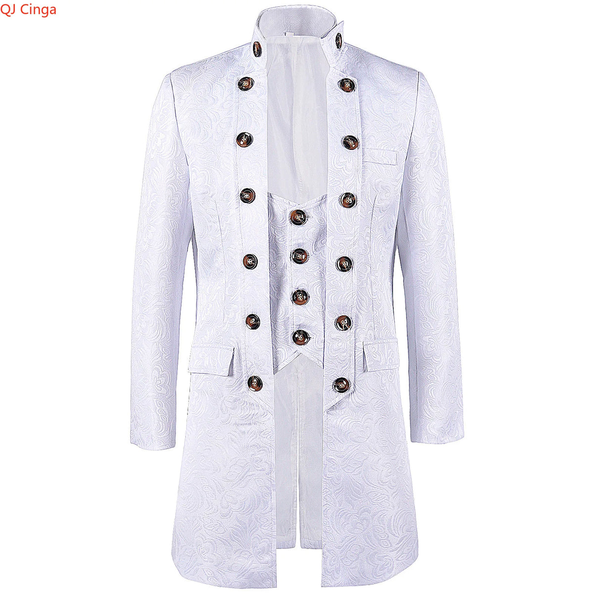 White Men's Vintage Style Military Double - Breasted Trench Coat with Embroidered Patterns and Black-Yellow Buttons.