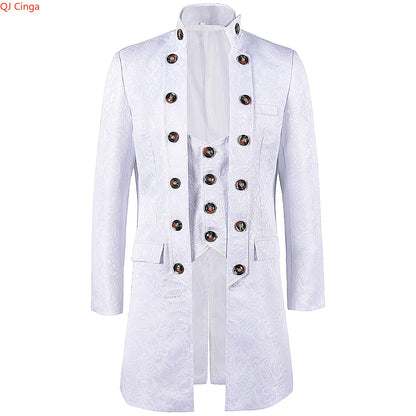 White Men's Vintage Style Military Double - Breasted Trench Coat with Embroidered Patterns and Black-Yellow Buttons.