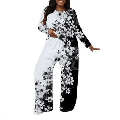 Plus size Women two-piece set with 3D geometric print casual loose round neck long sleeved two-piece set (pocket)