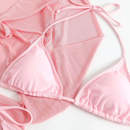 Ensembles de bikinis micro string roses pour femmes 4 pièces avec hauts en maille et jupe maillot de bain tenues de plage biquini