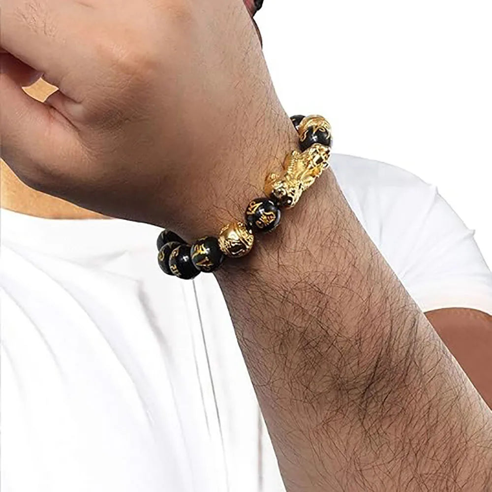 Bracelet Feng Shui de richesse et de chance, bracelet Pixiu Feng Shui en obsidienne noire, prospérité, perles Bouddha, bracelet élastique