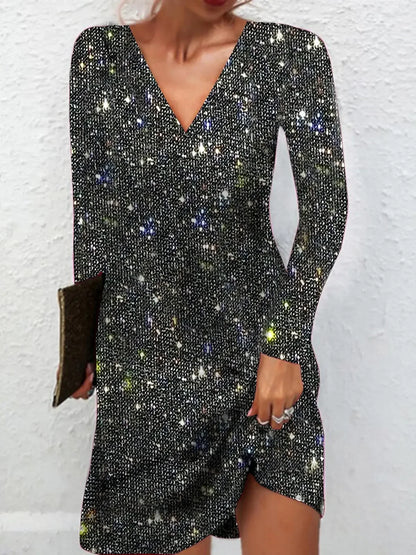 Mini Dress for Women Elegant V Neck Sexy Sequin Dress Long Sleeves Above Knee Length Solid Color Evening Dress for Spring Summer
