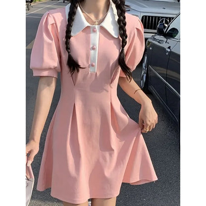 Women's Mini Dress Contrast Polo Collar with Puff Sleeves Pleated Skirt
