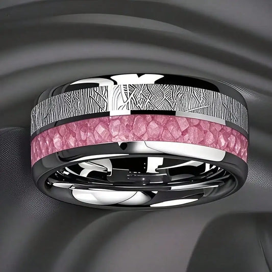Bagues de mode en acier inoxydable argenté de 8 mm pour hommes, bagues incrustées de météorite en coquille d'ormeau rose pour hommes et femmes, bijoux de mariage