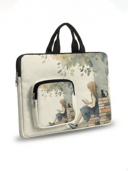 Vintage Reading Girl Black Cat Laptop Handbag With Extra Pocket Shockproof Notebook Case For 13-15.6 Inch Laptops