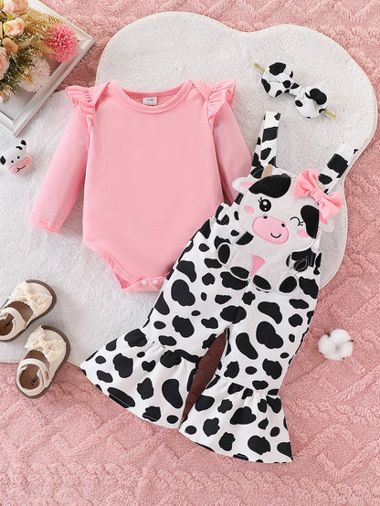 【Cute Cow】Baby Girl Overalls Set with 3D Cow Embroidery Patch + All-Over Cow Print + Flared Pants Legs - Three-Piece Outfit for Spring and Autumn Outings