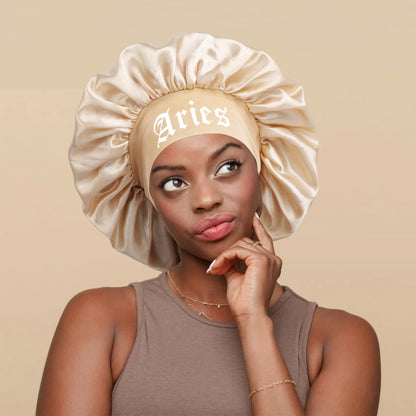1PConstellation printing satin wide band sleep bonnet ,soft sleeping bonnet with wrap band,make up washing face daily use bonnet