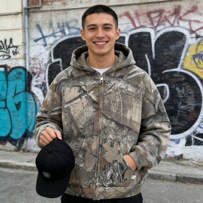 Sweat à capuche Y2K Retro zippé motif camouflage Fermeture éclair streetwear hip-hop oversize unisexe camouflage