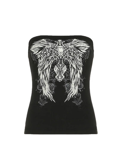 Gothic Print Black Tube Top Women Strapless Skinny Cropped Tops Summer Casual Chic Graphic Tees Y2K Streetwear Vest Basic