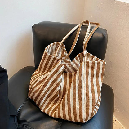 Striped Design Shoulder Bag Large Capacity Canvas Tote Bag