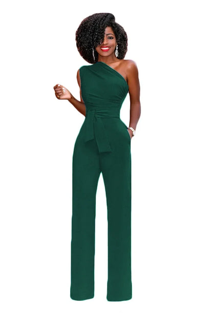 Combinaison Femme Unie Col Asymétrique Crop Top Pantalon Droit Ceinture Sexy Sans Manches Pantalon Ample Élégant Charmant Combinaison 2024