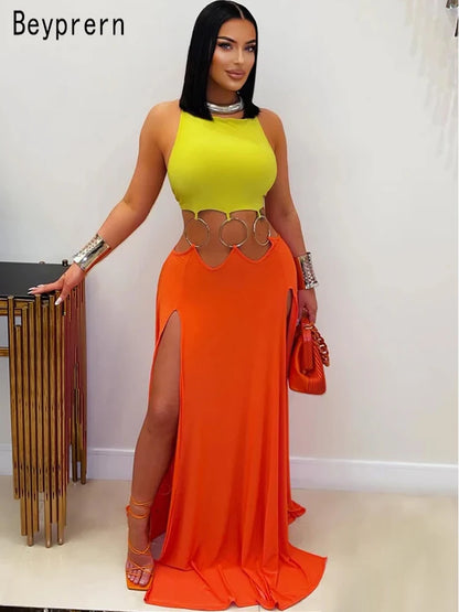Beyprern Robes longues évidées à anneaux métalliques pour femmes, mode sans dossier, bandage, robes de vacances, tenues de vacances, vêtements de club sexy