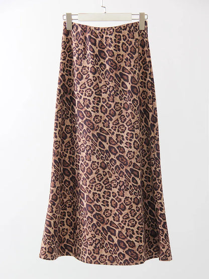 Jupe longue en daim imprimé léopard pour femme - Jupe longue trapèze marron vintage pour femme - Jupes longues en daim chaudes léopard pour l'hiver