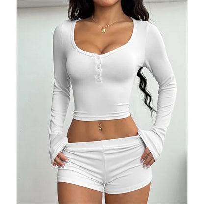Women's Matching Sets 2 Piece Pajamas V Neck Button Down Cropped Tops Sexy Y2k Bodycon Shorts Loungwear Clothes Drop Shipper