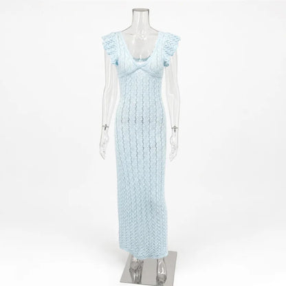 Tossy Ruffled Hollow Out Knit Long Dress Women V-Neck Fashion Patchwork See-Through Beach Holiday Dress Knitwear Female Dress