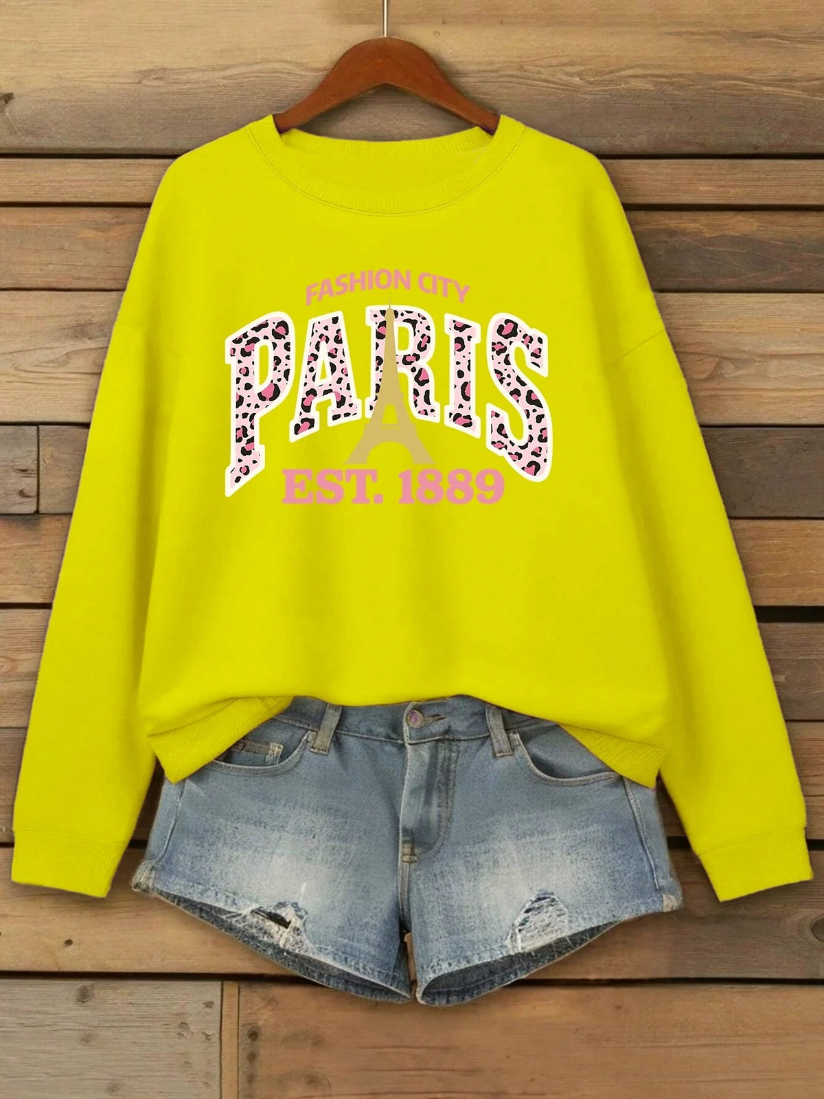 Pull Femme Imprimé Léopard Rose Paris 1889 Col Rond Sweat-shirt Décontracté Ample Vêtement Polaire Hip Hop Sportswear
