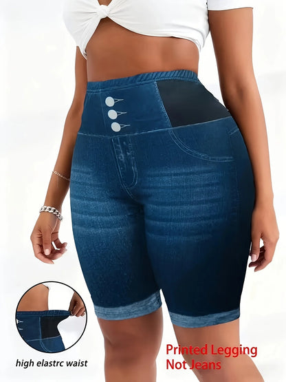 Shorts de motard gainants grande taille, shorts de cyclisme chic en faux jean à 3 boutons, bas de yoga amincissants taille haute pour femmes rondes