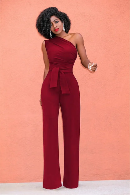 Combinaison Femme Unie Col Asymétrique Crop Top Pantalon Droit Ceinture Sexy Sans Manches Pantalon Ample Élégant Charmant Combinaison 2024