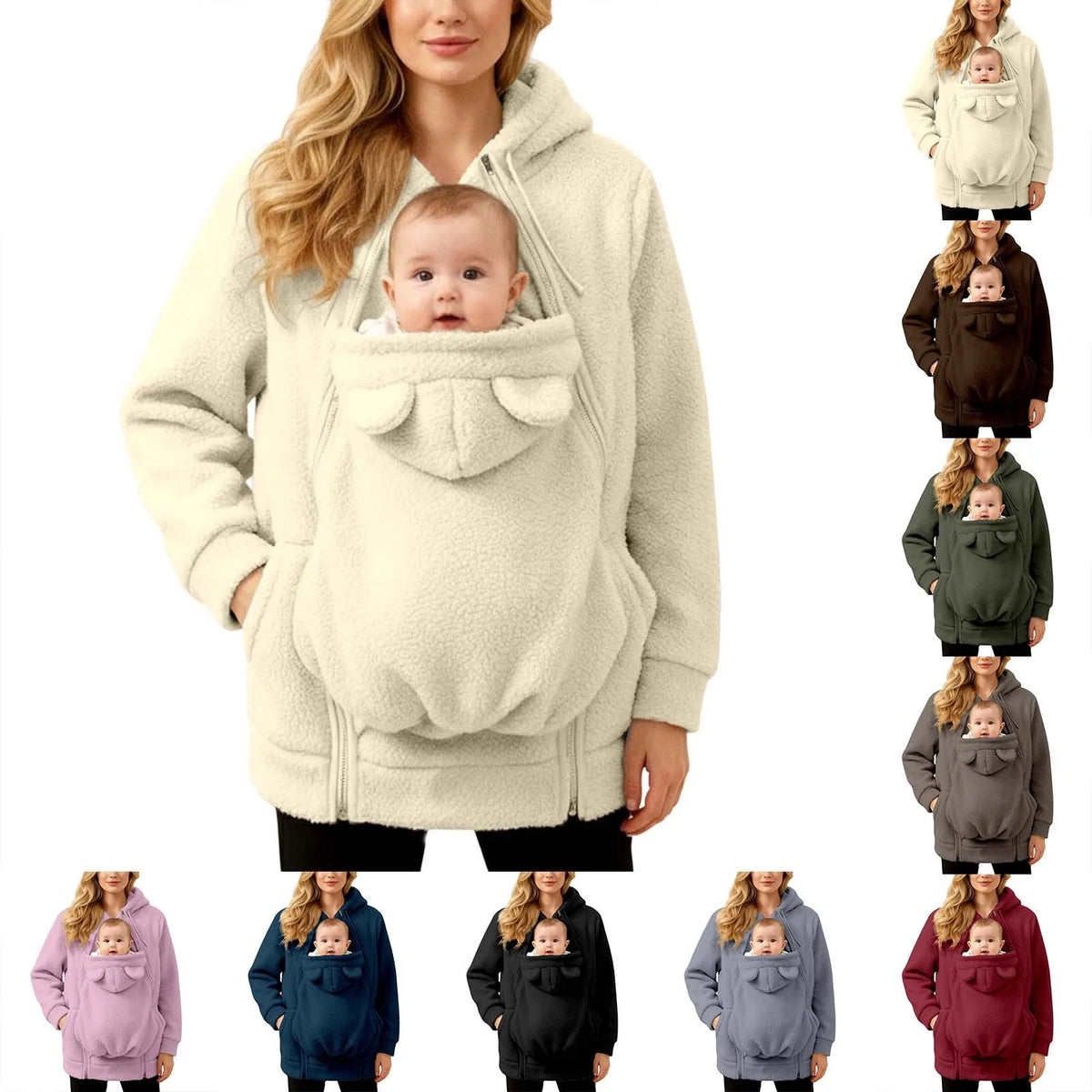2 in 1 Warm Fleece Hoodie Coat with Baby Carrier Long Sleeve Faux Fur Plush Sweatshirt Outdoor Mom's Hoodie Jacket Baby Bag