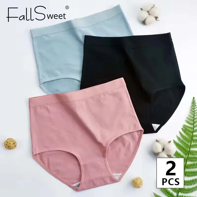 FallSweet 2 Pcs/Lot Cotton Underwear Women High Waist Panties Comfortable Solid Color Underpants Plus Size Lingerie M-XXXL