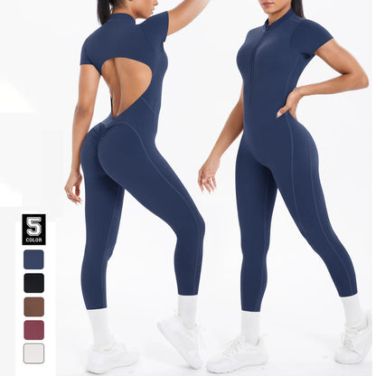 Sexy Backless Bodycon Scrunch Jumpsuit Raises Butt Women Dance Fitness Overalls Push Up  With Chest Cushion Yoga Sport Jump Suit