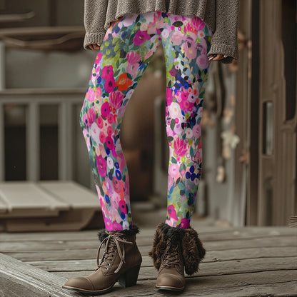 Colorful Blooming Flowers Pattern Women's Leggings Autumn Winter Warm Fashion Tights Stylish Outdoor Look Fashion Streetwear