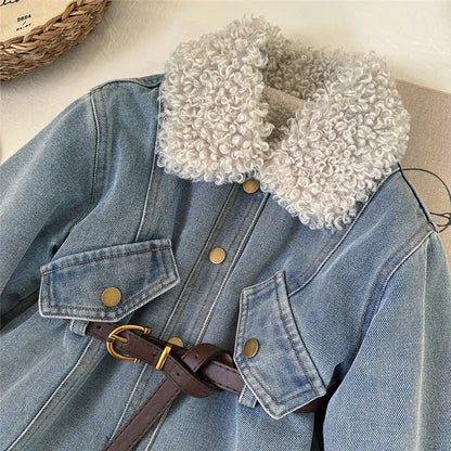 Winter Girls Thick Demin Coats Baby Plus Velvet Warm Outerwear With Belt Kids Princess Designed Long Jackets Children Clothes