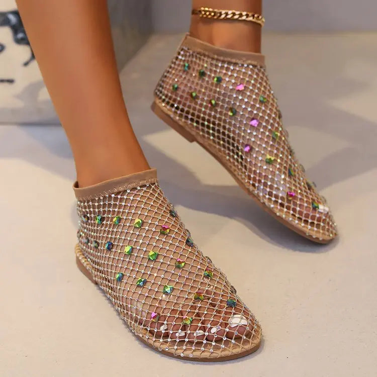 2026 Summer Women's New Luxury Sequin Bottom Hollow Short Boots Water Diamond Sexy Flat Bottom Fashion Banquet Flats Sandals﻿
