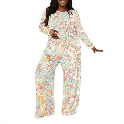 Plus size Women two-piece set with 3D geometric print casual loose round neck long sleeved two-piece set (pocket)