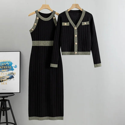Ensembles de robes de style français pour femmes, taille haute, deux pièces tricotées, pull, robe débardeur et manteaux, mode élégante printemps-automne