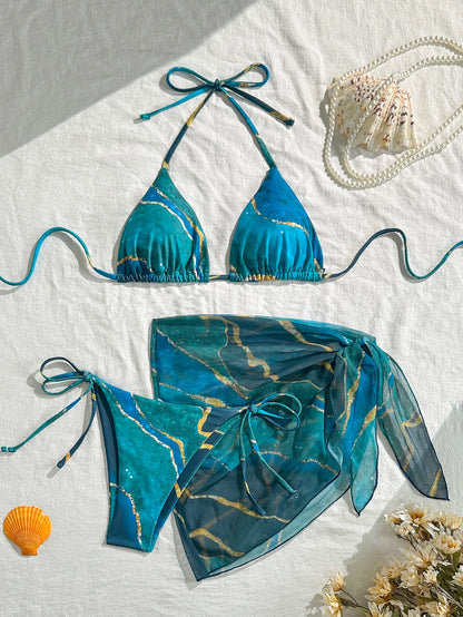 Women's Three-Piece Swimsuit Set, Blue Marble Print, Sexy Bikini with Tie-Up Triangle Top, Tie-Up Briefs, Mesh Skirt, Wrap Skirt, Beach Swimwear