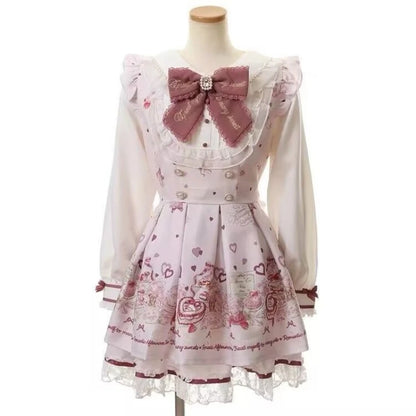 Ensemble robe à nœud en strass style Kawaii japonais pour femme, robe chemise mignonne style Lolita, dentelle, imprimé perle, robe de soirée gothique Y2k