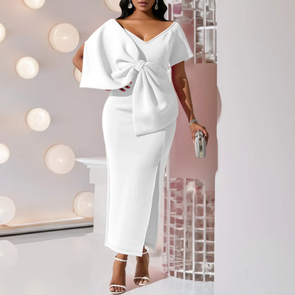 Elegant Party Dresses for Woman 2024 New V Neck Short Sleeve Big Bow Decorate Sheath Side Split Ankle Length Luxury Party Dress